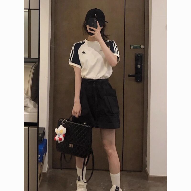 Summer Sporty Rich Joint Round Neck Short-Sleeved Clover T-Shirt Women's Stripesd Contrasting Short Sports Top