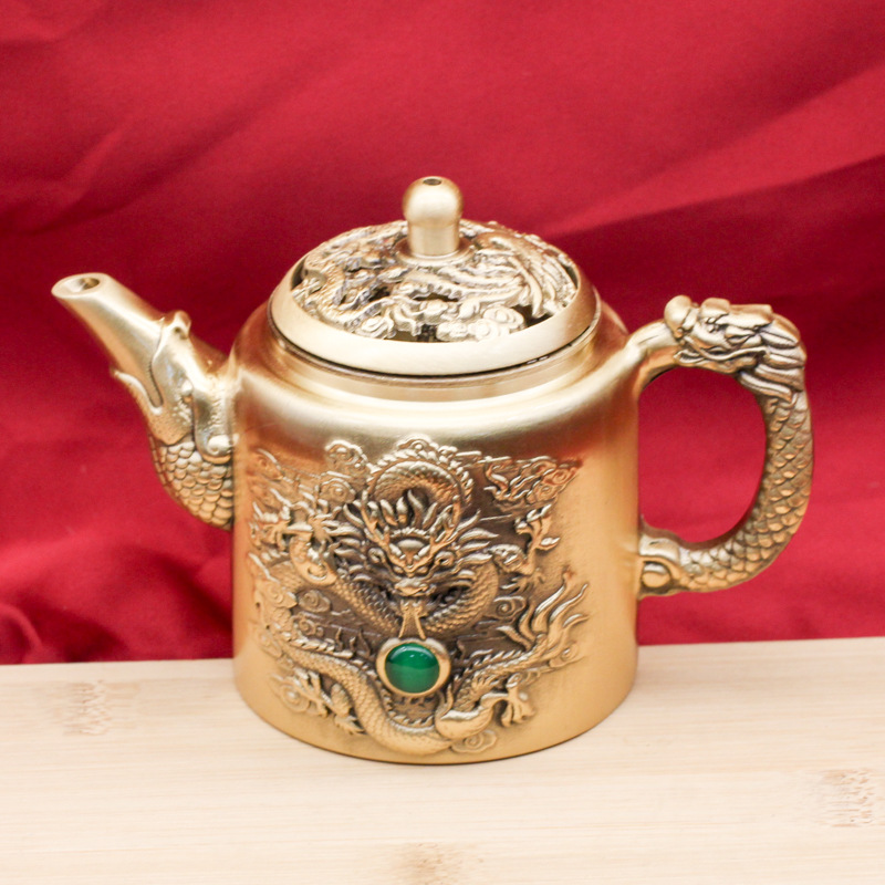 黄铜龙凤山水茶壶家居茶桌茶具纯铜摆件办公室马上成功铜器工艺品