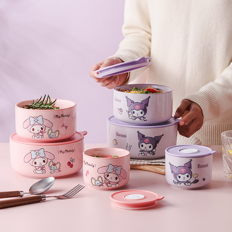Sanrio Ceramic Fresh-keeping Bowl suit Three-piece Set Cartoon Cute Sealed Lid Large Capacity High Color Value Lunch Box New