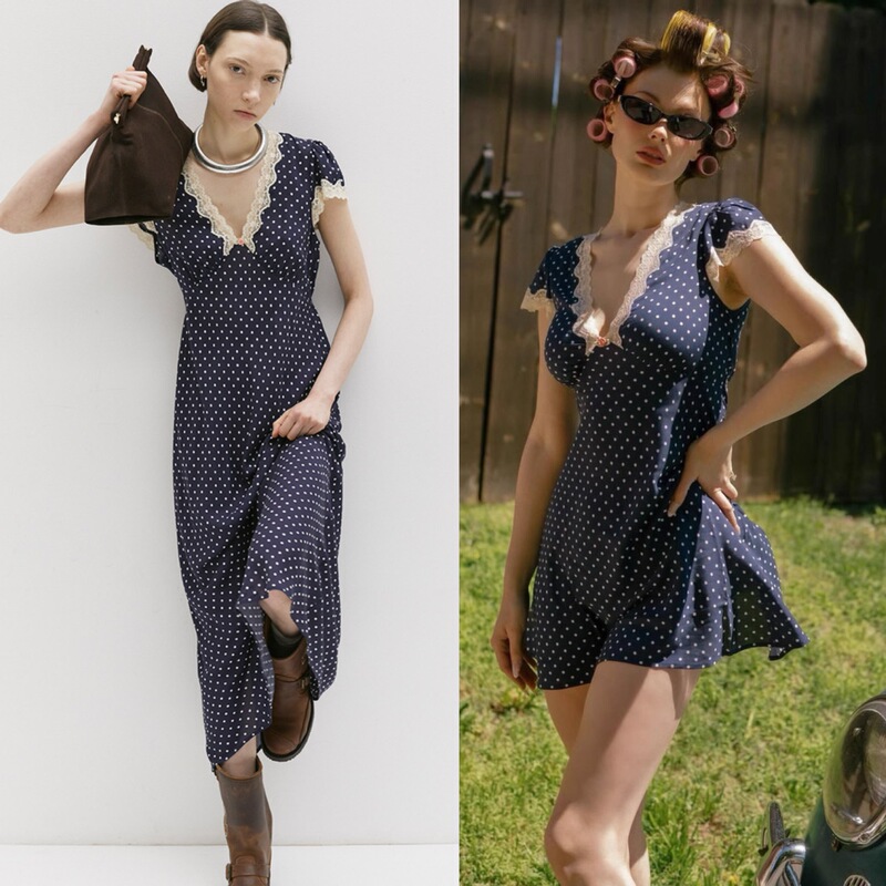 Venus Polka Dot French Fairy Style Lightweight Slimming Silk Dress in Long and Short Versions