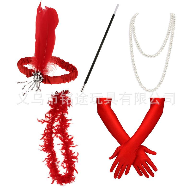 Vintage 1920s FLAPPER niña ropa diadema lana raya guantes de plástico falso tabaco varilla Gatsby traje