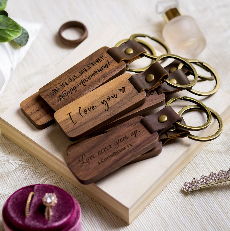 etsy personalized engraving high quality wooden leather laser keychain wood keycard DIY creative letters