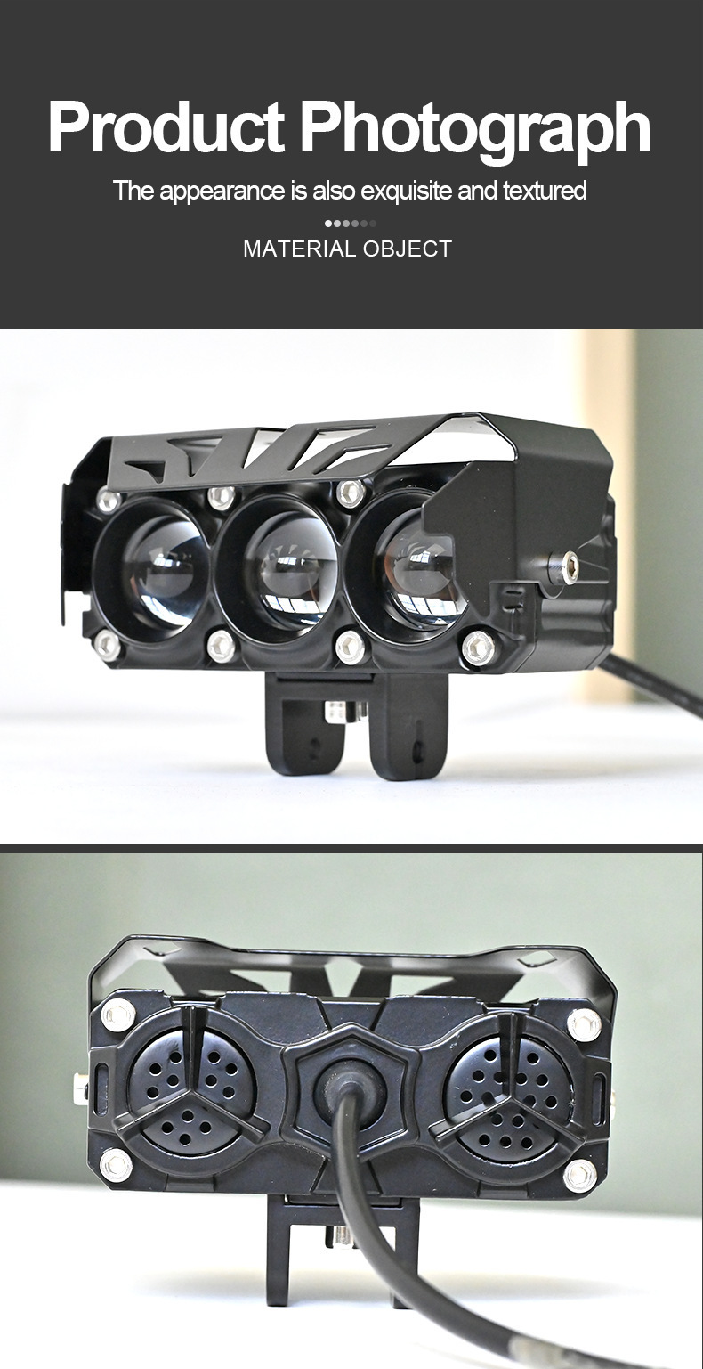 Motorcycle Spotlight with Three Lenses, Fan, Dual-Color Led Headlight, High and Low Beam, Super Bright Electric Motorcycle Headlight