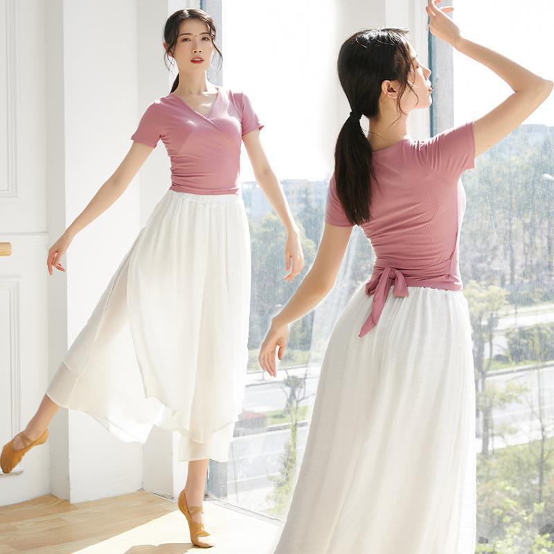 Practice Clothing for Art Exams, Summer Tops for Teachers, Modern Dance, Latin Dance, Adult Dancewear, Women's Short-Sleeve Ballet Tie-Up Tops