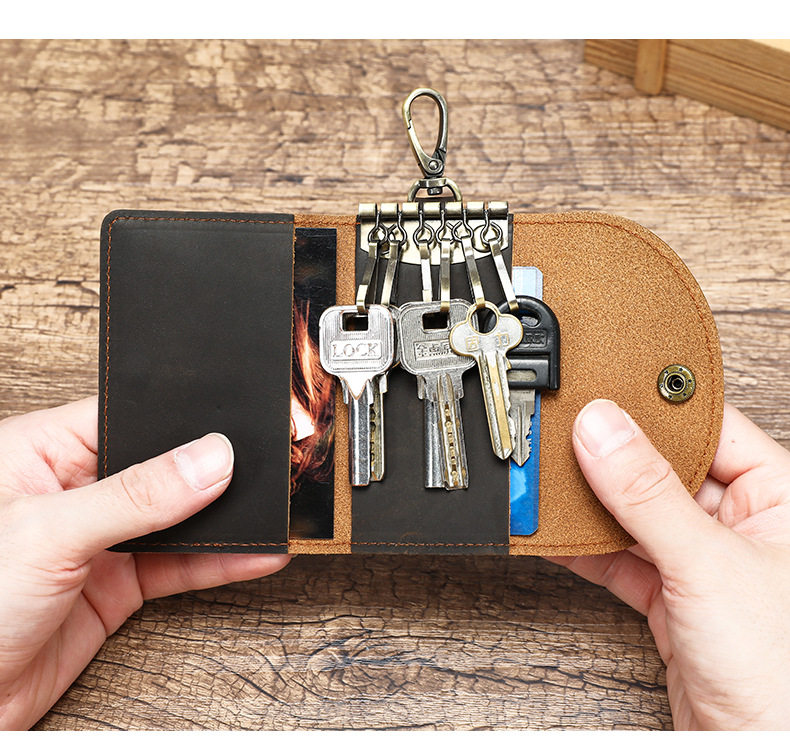 Túi đựng chìa khóa kiêm ví đựng thẻ da bò thật 7,5×1,5×11 cm — Cà phê đậm, nâu chi tiết 10