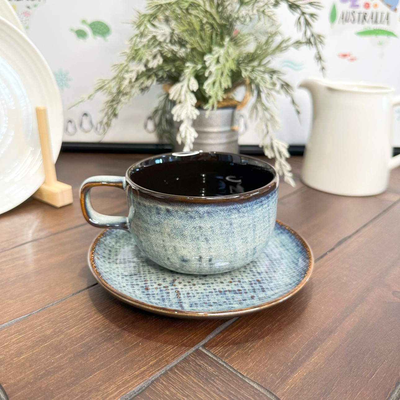 Juego de tazas de café individuales de la serie LZ export cross-border tableware, con diseño de lino cerámico y diseño de mezclilla.
