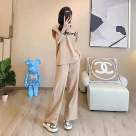 休闲运动套装女夏装港风减龄阔腿裤运动服宽松纯棉短袖时尚两件套