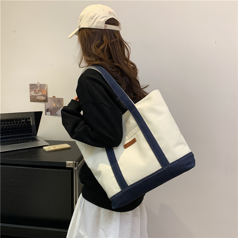 Cross-border Canvas Tote Bag New European and American Trend Contrast Color Underarm Bag Large Capacity Fashionable Commuter Travel Shoulder Bag