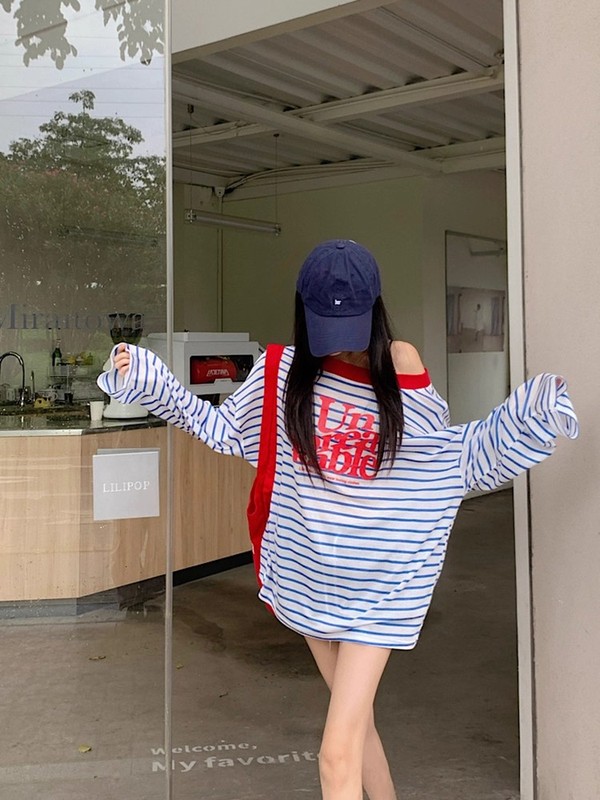 纯欲辣妹露肩撞色条纹薄款防晒衫女夏季宽松休闲中长款气质上衣|undefined