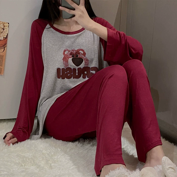 Оверсайз пижамный комплект (cute strawberry) — лонгслив и брюки, круглый ворот, мультяшный принт