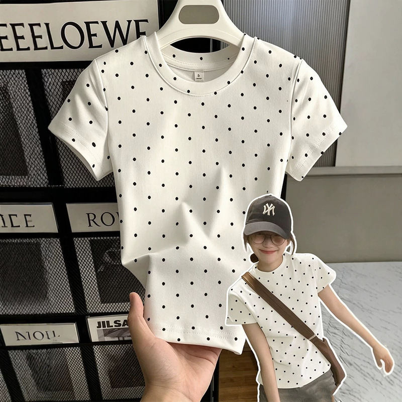 230g ice silk ribbed Korean niche ins design polka dot print slim-fit short-sleeve T-shirt for women 230g ice silk ribbed Korean niche ins design polka dot print slim-fit short-sleeve T-shirt for women