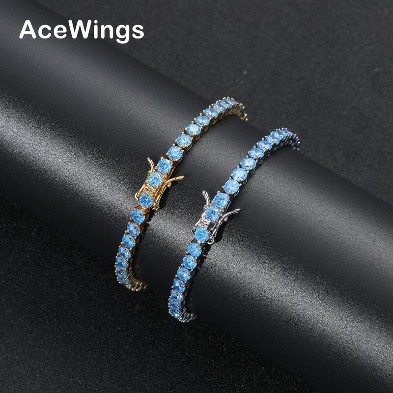 European and American Hip-Hop Tennis Bracelet 4mm Sea Blue Zircon Single Row Bracelet Tennischain Trendy Brand Men's Tennis Bracelet
