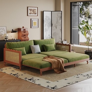 French Mid-Century Style Ash Solid Wood Sofa Straight Row Fabric Sofa Living Room Small Apartment Sofa Bed Folding Dual-Use