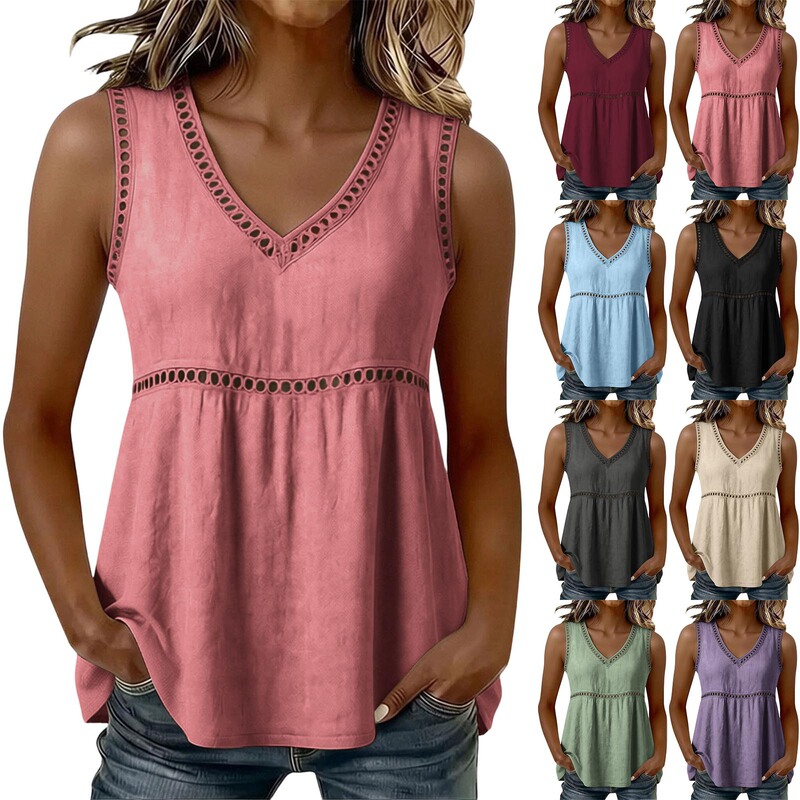 170g European and American Style Pure Cotton Casual Loose Lace Collar Sleeveless Top