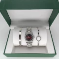 Rolex Three-Piece Set - Datejust Women's with Diamonds, Silver, Black and Red