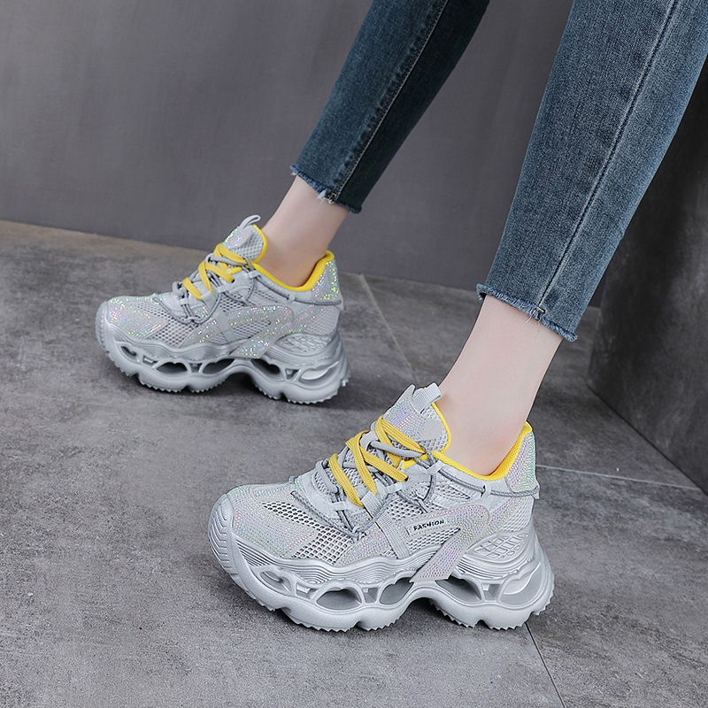Giày sneaker nữ chunky đế dày da phối đá mesh thoáng khí — màu hồng