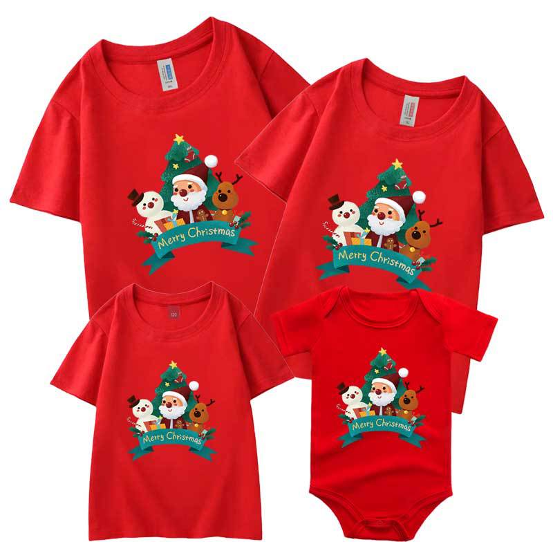 2021 transfronterizo Santa Claus muñeco de nieve cabeza de ciervo algodón peinado niños cuello redondo Camiseta de manga corta padre-hijo traje bebé mameluco
