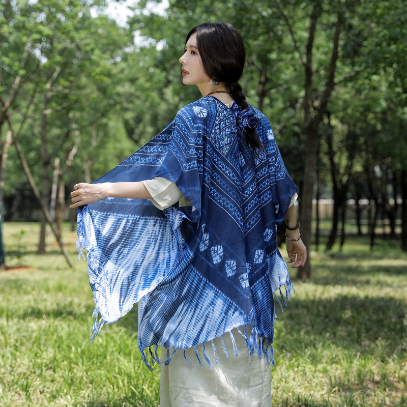 Yunnan Lijiang bufanda de seda de viaje estilo étnico verano ligero tie-dyed protector solar Toalla de playa exterior chal decorativo para las mujeres
