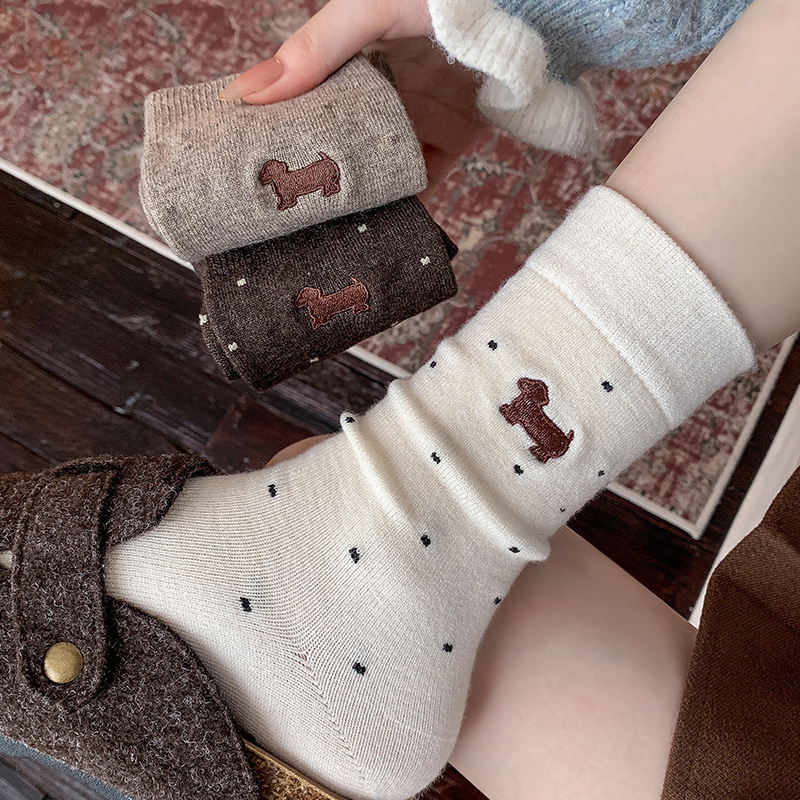 New Cashmere Socks for Women, Thickened and Warm, Zodiac Mid-Calf Socks, Polka Dot Embroidery, Japanese Retro Slimming Slouch Socks