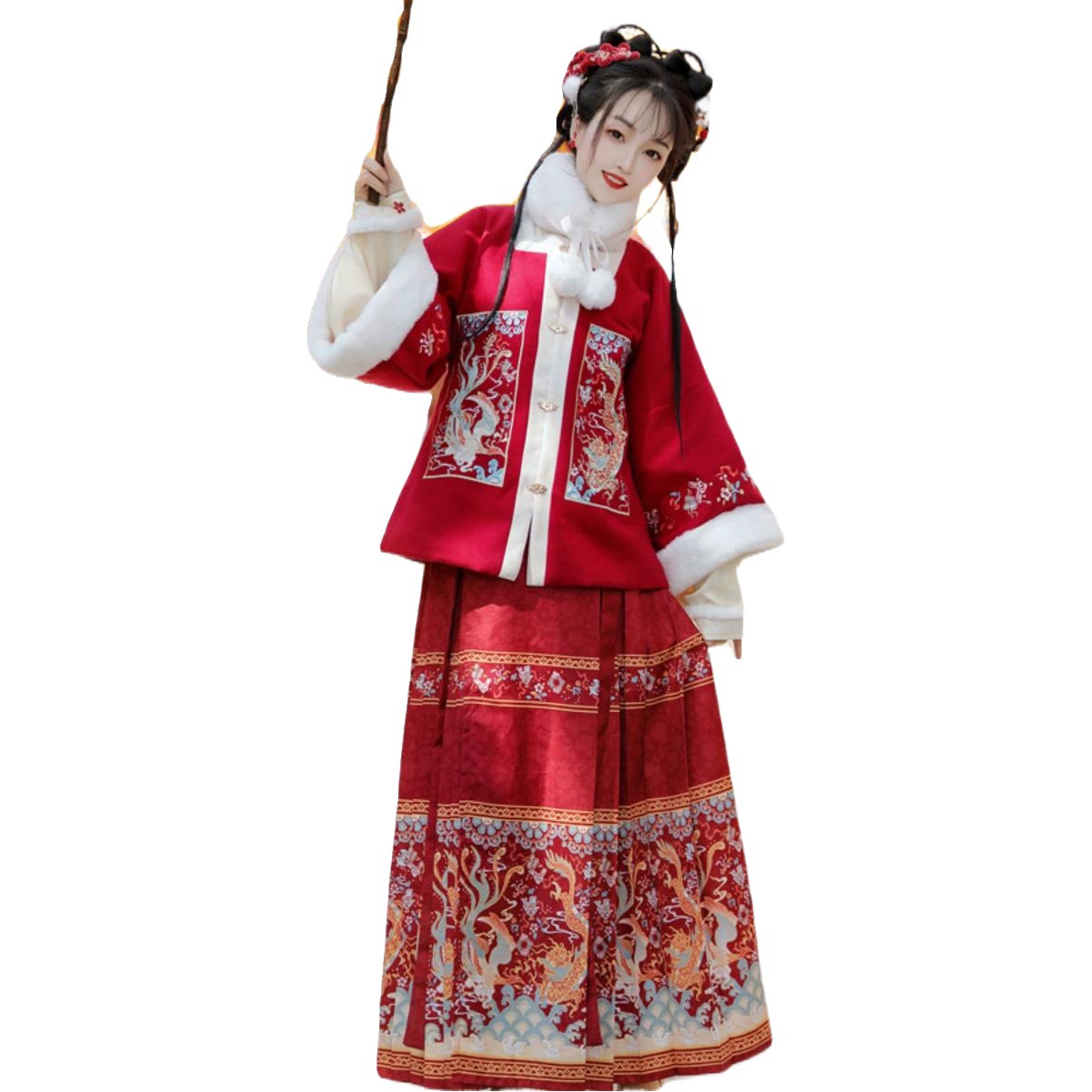 Женская Новогодняя одежда в зимнем стиле ханьфу в стиле Мин с парной грудью для взрослых, утолщенный костюм с юбкой в виде лошади, халат на год Дракона, праздничная одежда, воротник-стойка