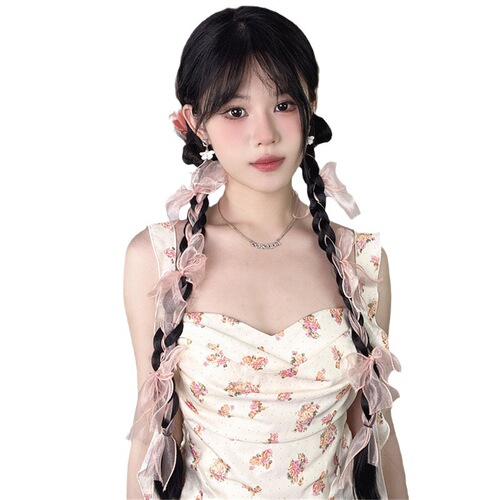 Ponytail wig female bow hand braided long hair twist braid photo photography props Hani headdress ponytail