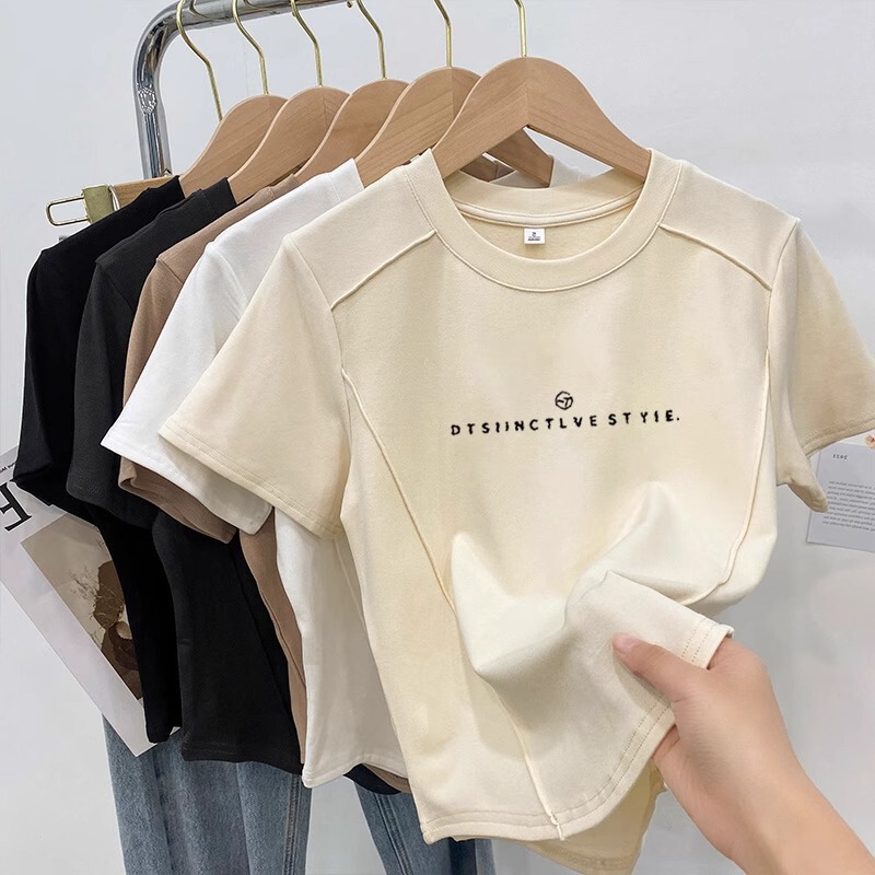 Shoulder plus size Round Neck Short-sleeved T-shirt Women's New Slim-fit Age-reducing Printed Sweet and Spicy Inner Irregular Top Summer Clothes