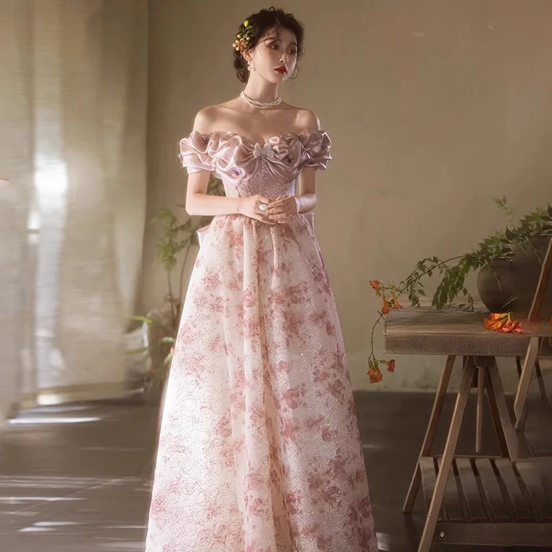 French-Style Birthday Party Evening Dress with Floral One-Shoulder A-Line Slimming 2026 New Dress High-End Elegant Long Dress