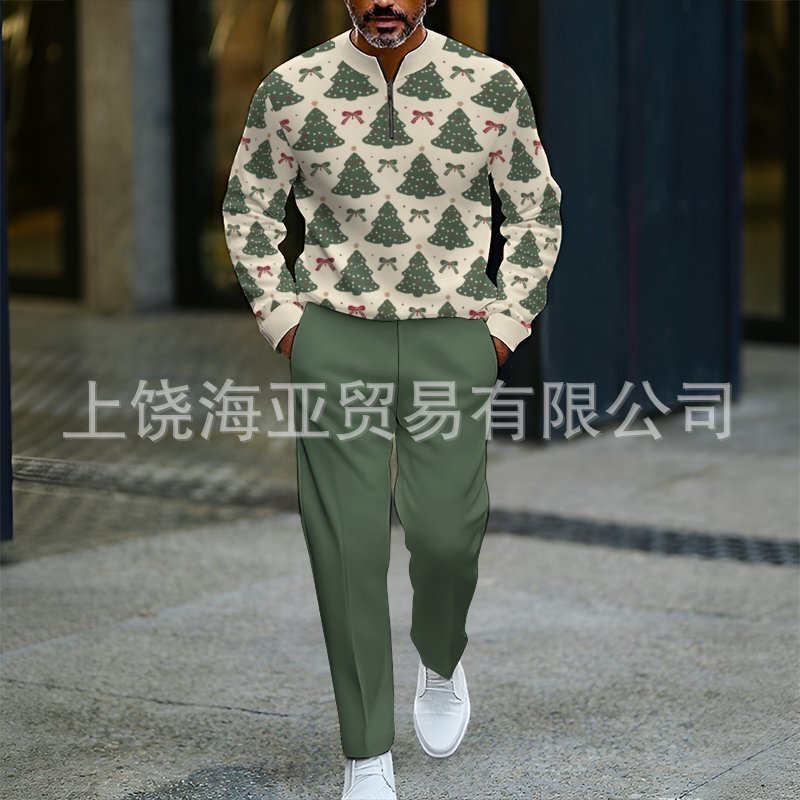 2025欧美跨境外贸秋冬热卖新款男士圣诞节数码打印套装男卫衣两件|undefined