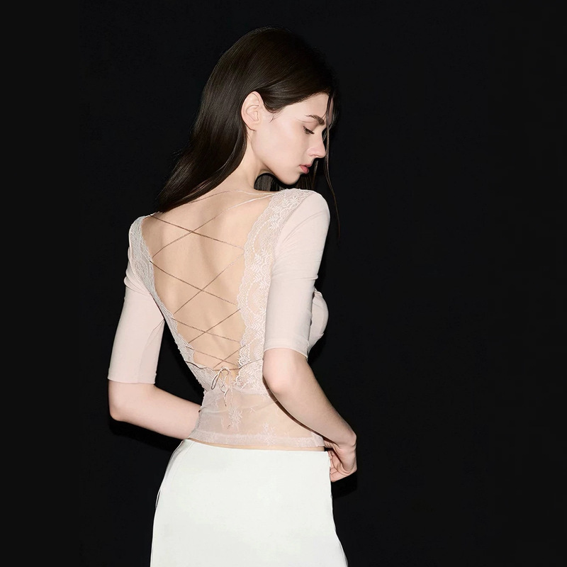 Original Pure Lust-Style Lace Top, Lyocell Backless Handmade Cross-Tie Slim-Fit Mid-Sleeve T-Shirt Original Pure Lust-Style Lace Top, Lyocell Backless Handmade Cross-Tie Slim-Fit Mid-Sleeve T-Shirt