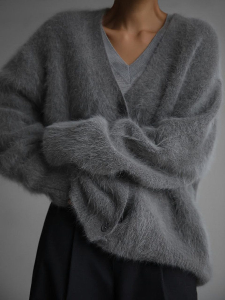Áo cardigan len dệt kim giả lông chồn cổ V tay dài form rộng nữ — Màu hồng, Màu kaki, Màu trắng, Màu xám nhạt chi tiết 32