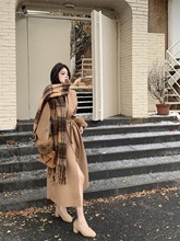 复古毛毛拼接长袖毛呢外套2025新款秋装设计感系带长款大衣女chic