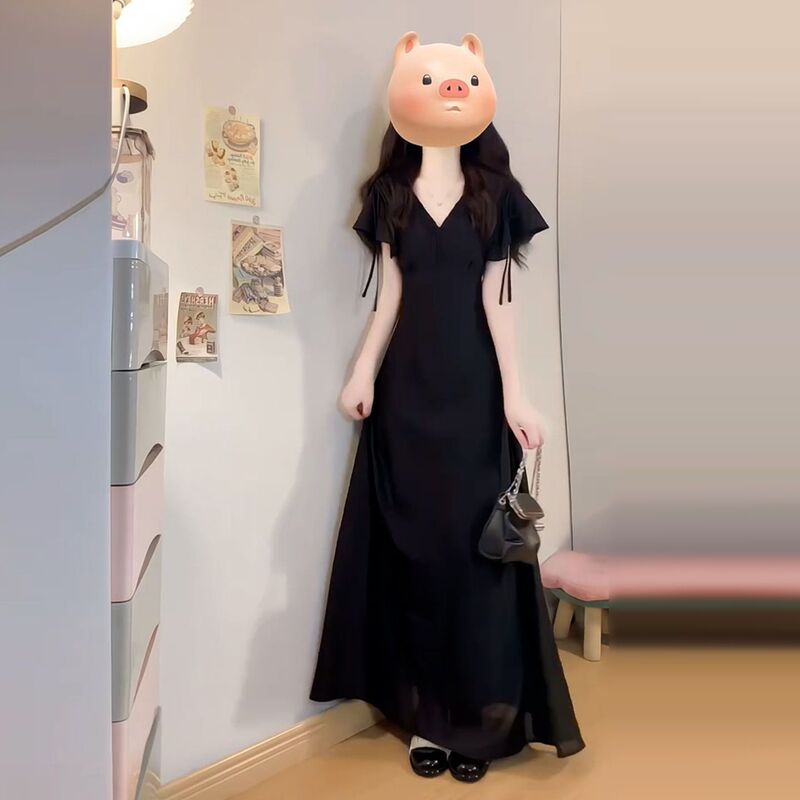 Women's French-Style Black Trendy Dress, New Summer Hot-Selling Style, Elegant Long Dress