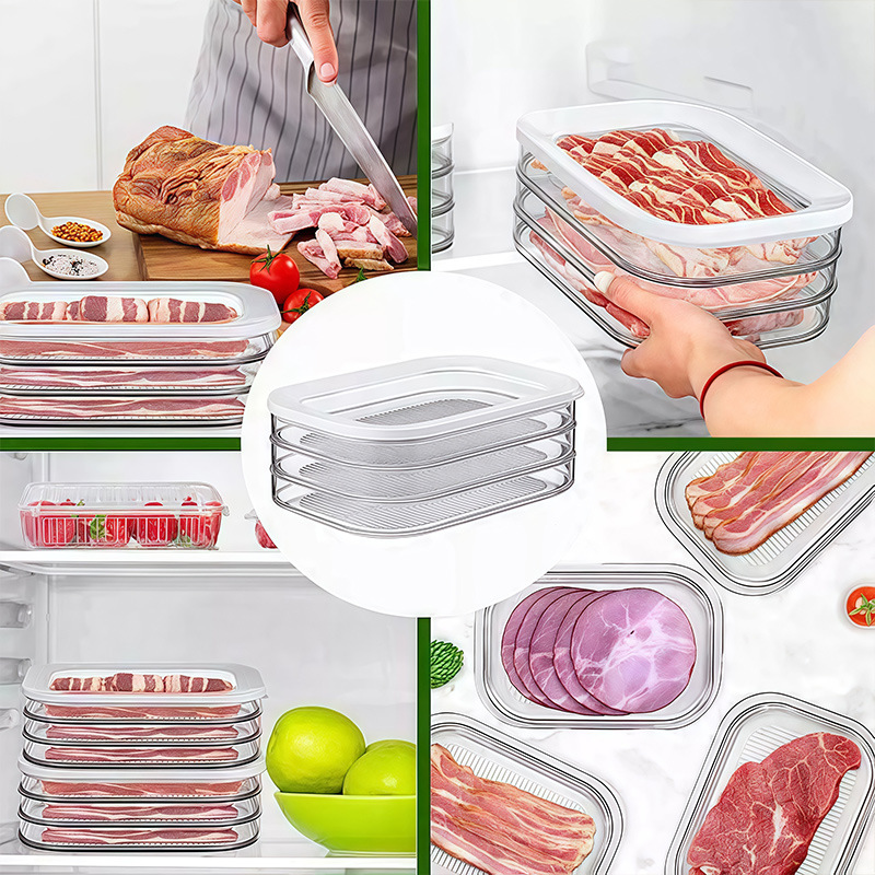 Caja de almacenamiento de alimentos congelados cocinados, caja de almacenamiento sellada multicapa, caja de almacenamiento de alimentos de tocino con cubierta, caja de almacenamiento de alimentos de embalaje transparente, caja de preservación