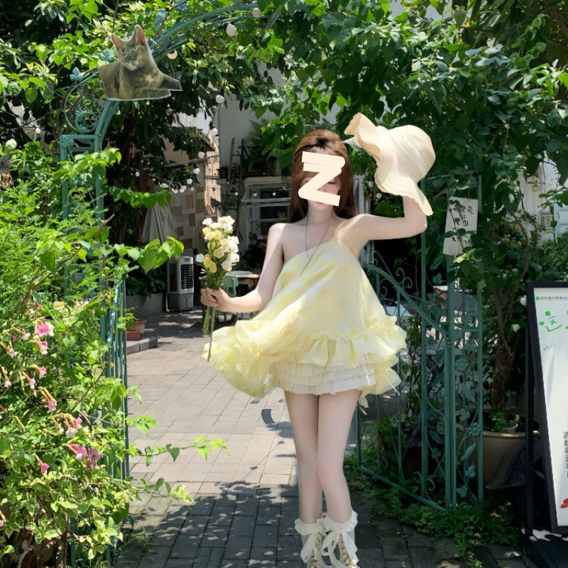 夏の甘いプリンセススタイルのオフショルダールーズ年齢軽減ドレス新しいスタイルの優しくスタイリッシュな痩身ショーツツーピーススーツ|undefined