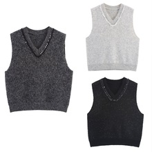 跨境女装批发欧美风V领亮片领口饰洋气减龄无袖针织衫上衣女