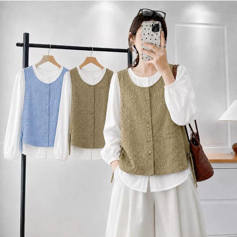 2026 early autumn new lace embroidered hollow vest, faux two-piece top, women's loose and versatile long-sleeved shirt