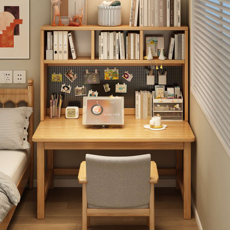 Escritorio de madera sólida, escritorio de estudio, escritorio de estudio para estudiantes domésticos, dormitorio simple con agujeros, escritorio de computadora