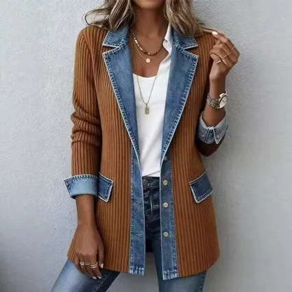 2025 Autumn/Winter European and American Cross-Border Independent Site Amazon Denim Patchwork Ribbed Lapel Jacket Suit