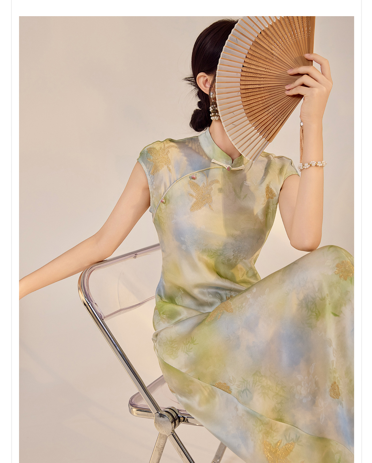 Váy Qipao cải tiến cao cấp phong cách Trung Quốc mới, in họa tiết tinh tế, cổ đứng ôm sát N5008 — Hiển thị màu xanh chi tiết 5