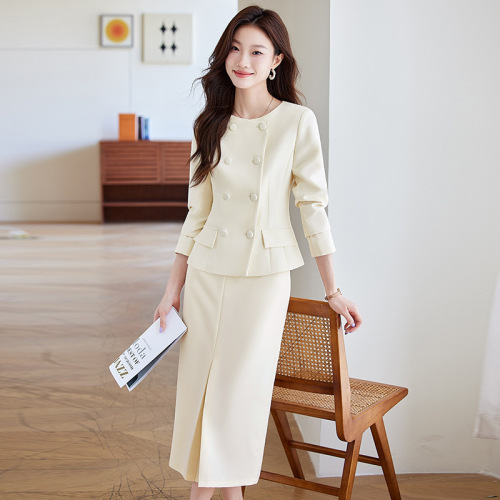 Cross-border fashion double-breasted round-neck OL suit set workwear elegant temperament long dress suit uniform