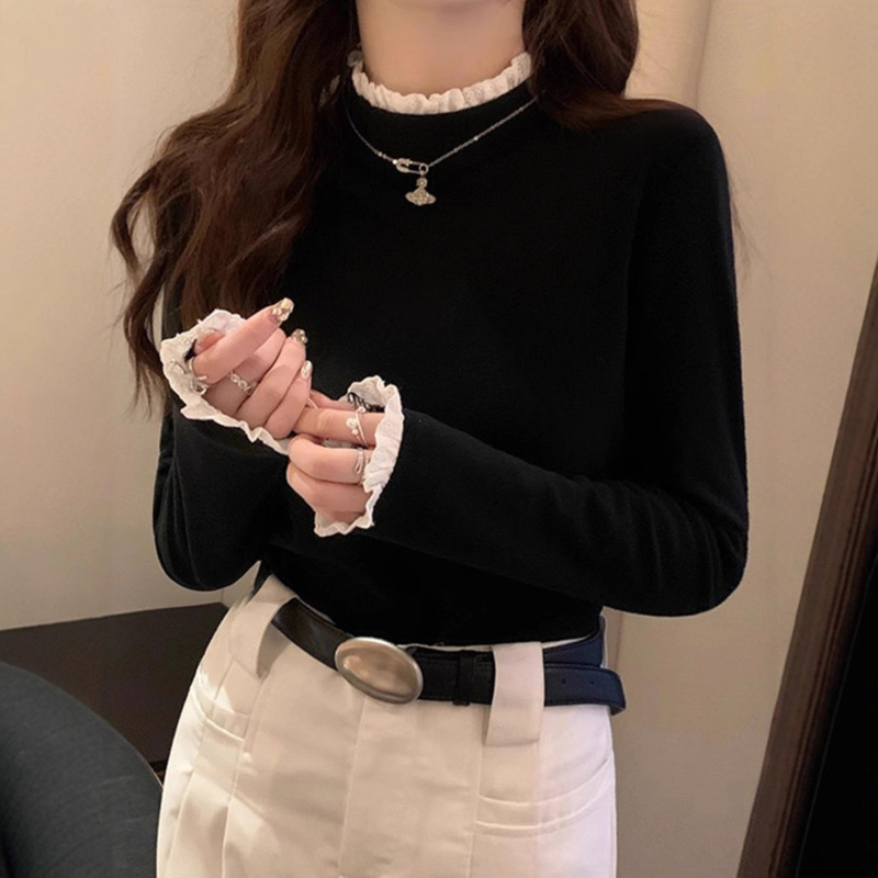蕾丝花边设计感小众别致上衣女秋冬德绒修身打底衫半高领长袖T恤|undefined