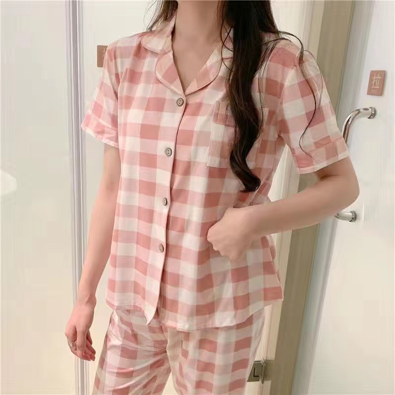 Pijamas de moda de primavera y verano delgados pantalones de manga corta cardigan simple y suelta se puede usar fuera de casa image 31