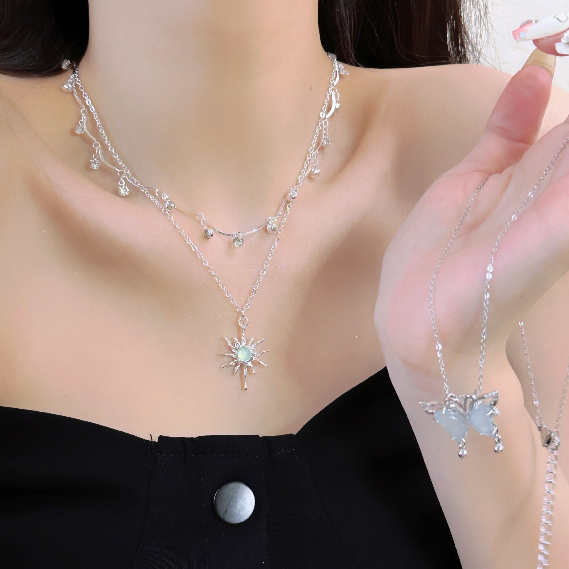 夏日清涼高級感雙層蝴蝶項鍊配飾女輕奢百搭小眾鎖骨鏈頸鏈choker