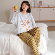 韩版冬秋季棉质长袖睡衣女甜美卡通少女圆领家居服两件套装可外穿