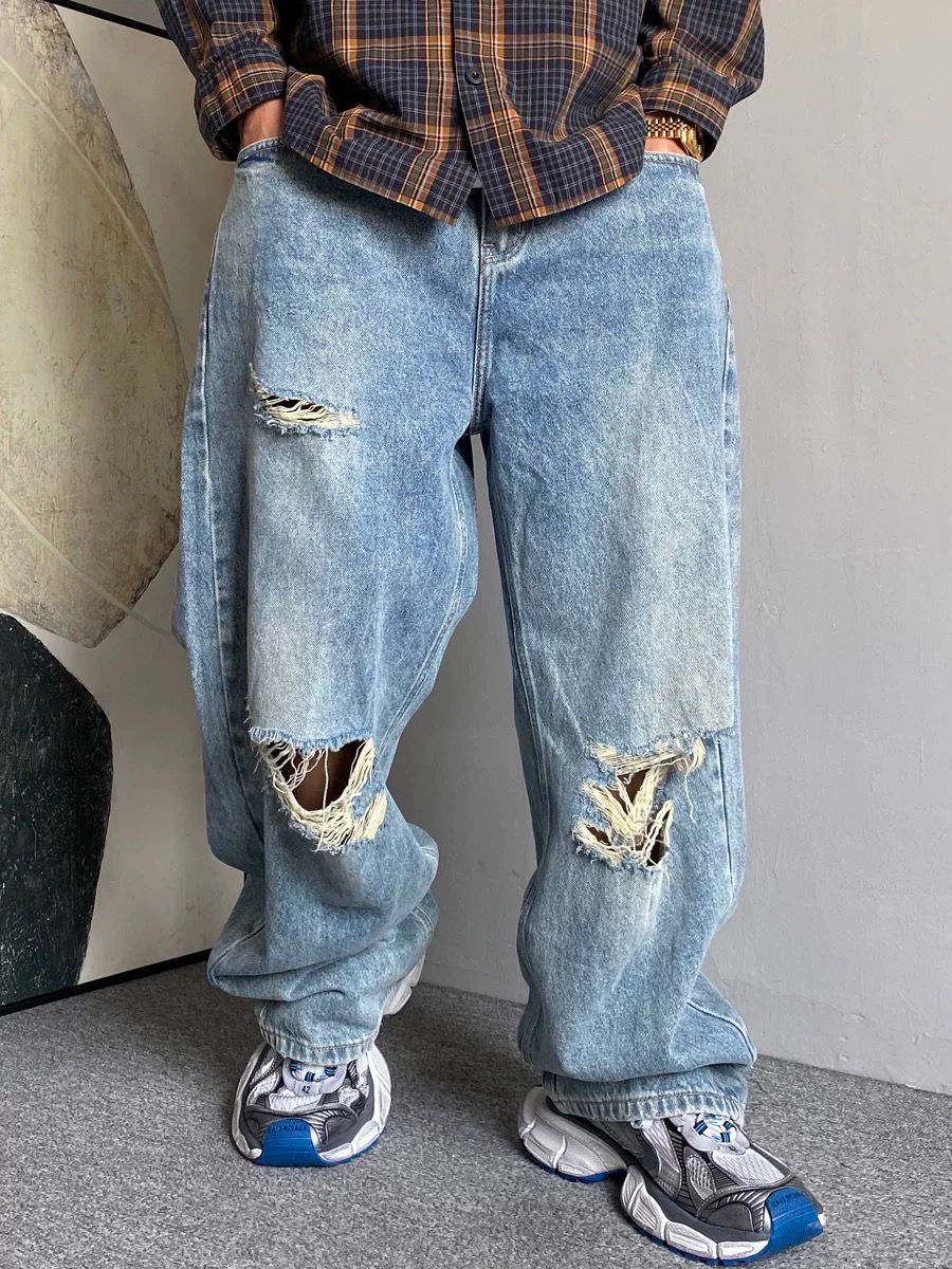 Men's Retro High Waist Dad Jeans Spring Summer Casual Loose Fit Wide Leg Ripped Straight Leg Floor Length_mkmklike.com