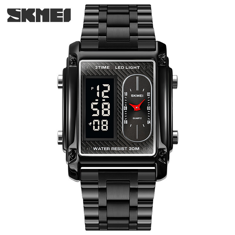 Skmei 1868 cuadrado doble pantalla reloj electrónico estudiante de los hombres impermeable correa de acero reloj negro Guerrero Correa reloj