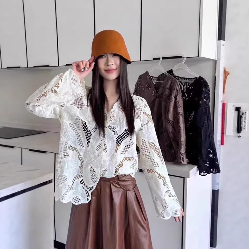 Spring and Autumn Thin Lace Hollow-Out V-Neck Long-Sleeve Shirt for Women, Unique Design Lace Blouse Long-Sleeve Top Spring and Autumn Thin Lace Hollow-Out V-Neck Long-Sleeve Shirt for Women, Unique Design Lace Blouse Long-Sleeve Top