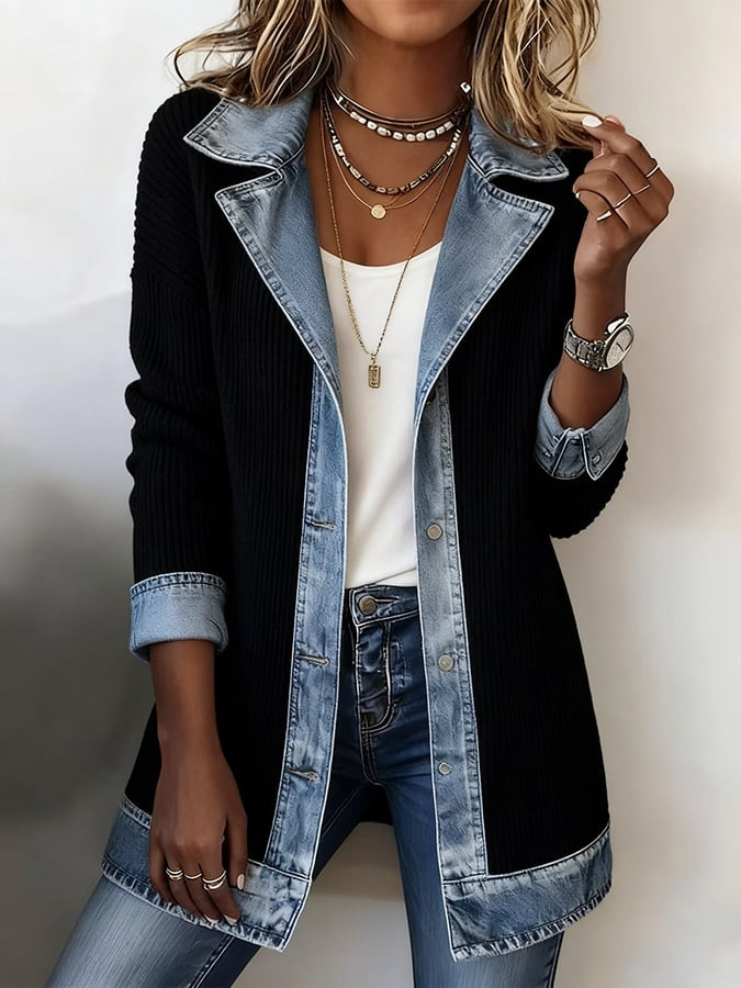Damen Slim Fit Patchwork Jacke Elegante Langarm Übergangsjacke_voghion.com