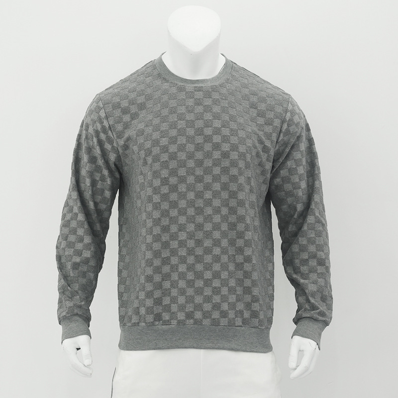 2024 Men's Spring and autumn  men's knitted shirt with jacquard chessboard plaid round neck casual bottom long sleeved top_voghion.com