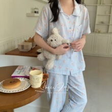 宅家治愈系A类双层全棉纱印花短袖长裤纯棉睡衣睡裤套装女H042322
